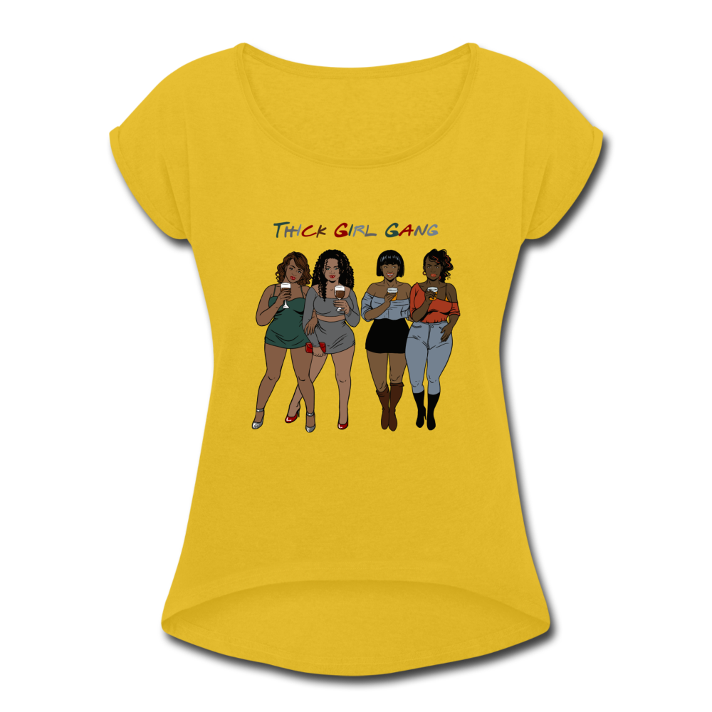 Thick Girl Gang-Women's Roll Cuff T-Shirt - mustard yellow